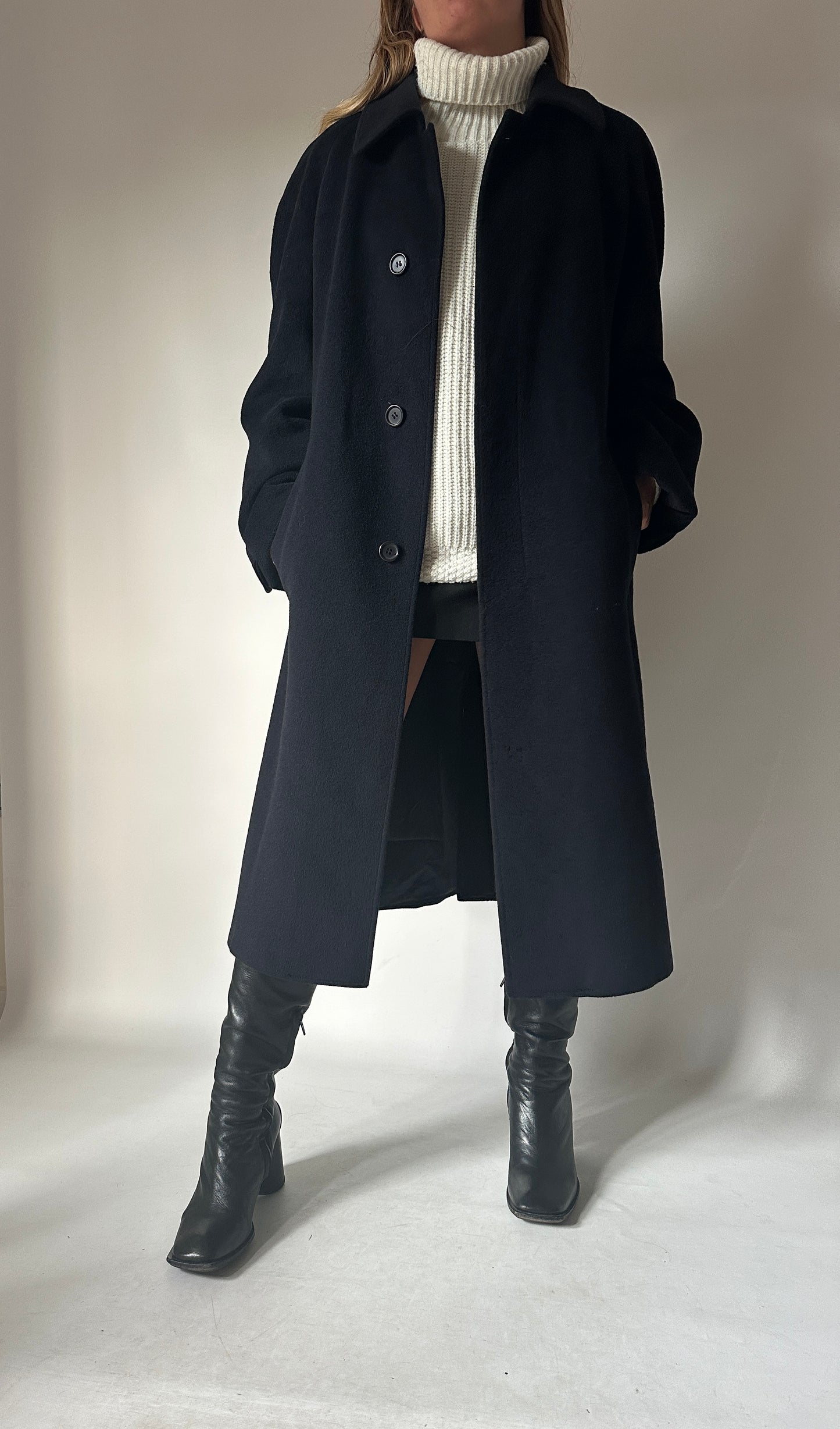 Iconic extra long navy coat