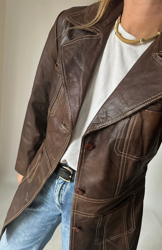 Distressed brown leather trench