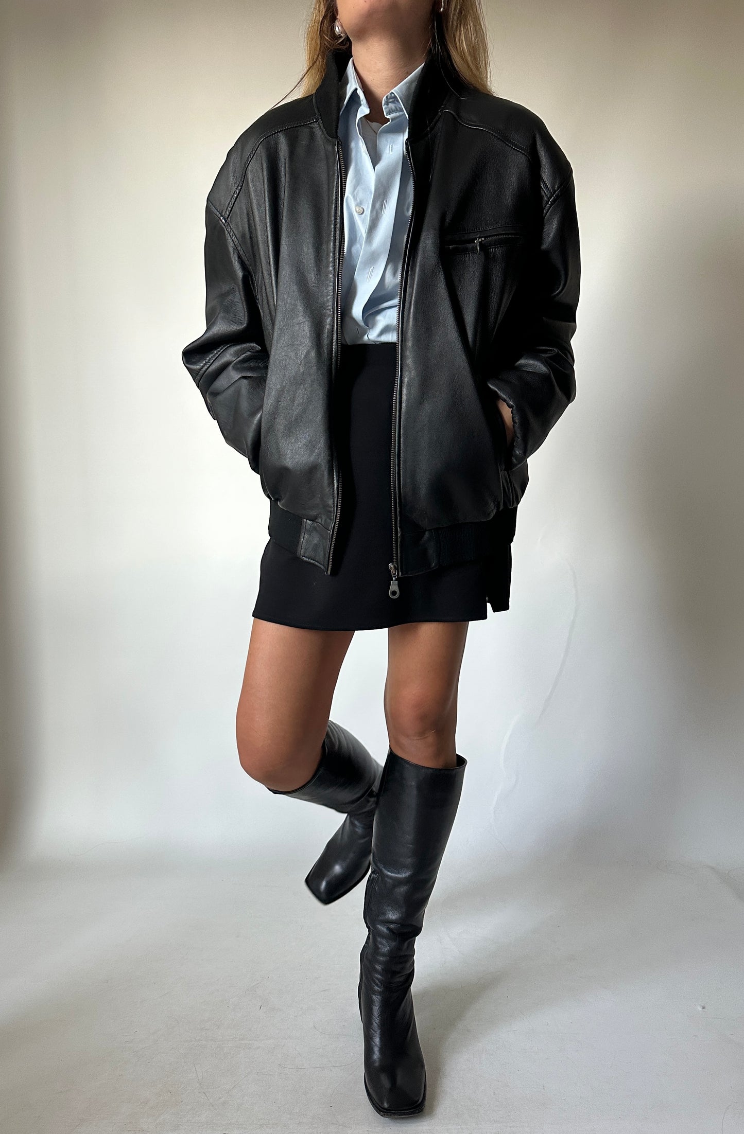 Oversize black leather bomber