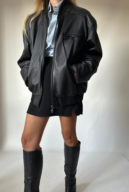 Oversize black leather bomber