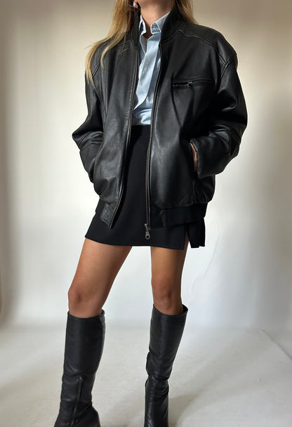 Oversize black leather bomber