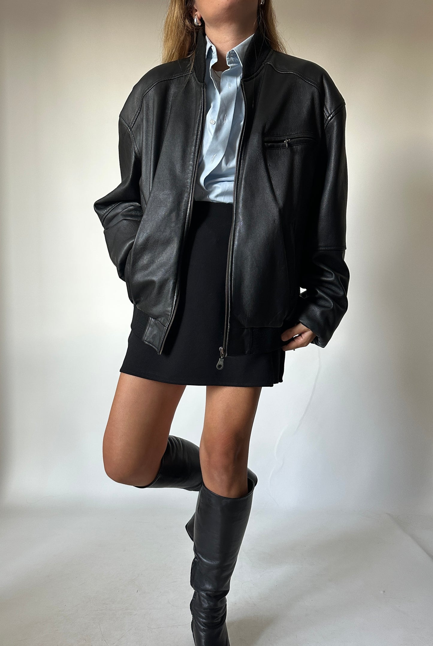 Oversize black leather bomber