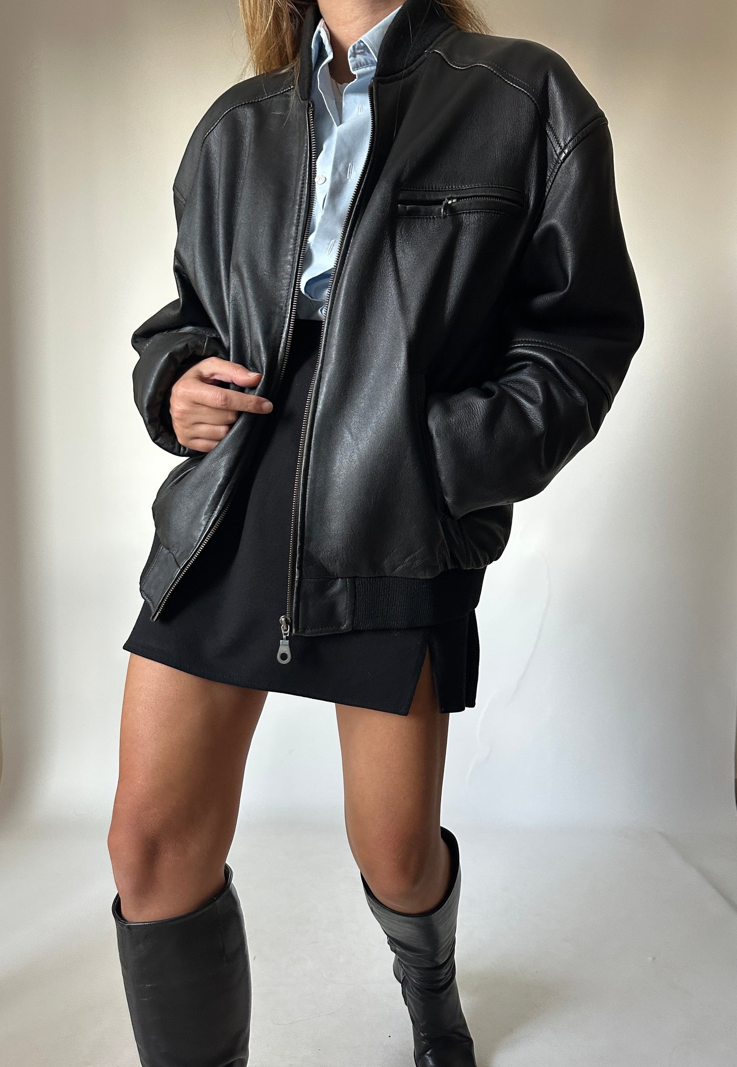 Oversize black leather bomber