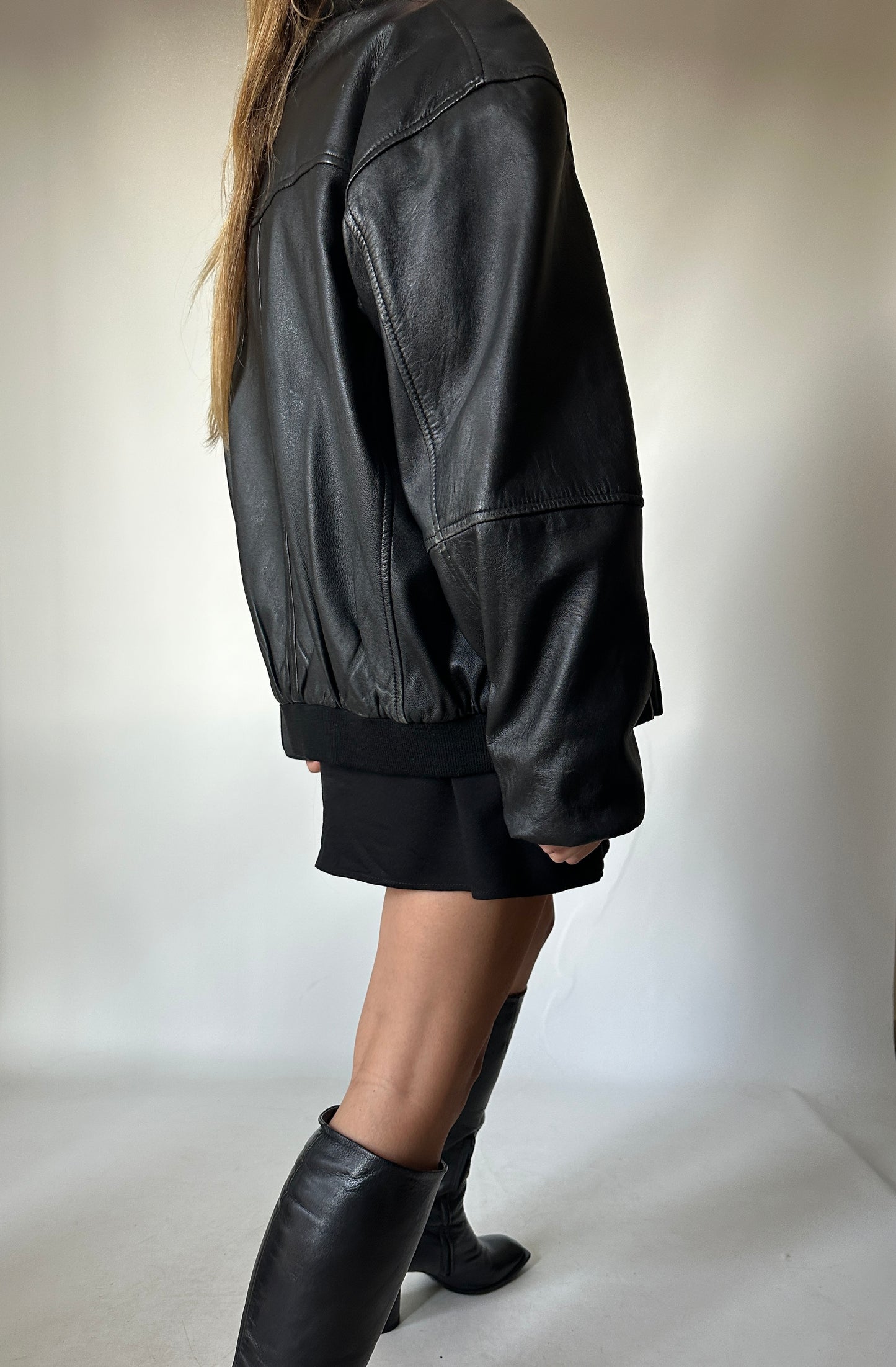 Oversize black leather bomber