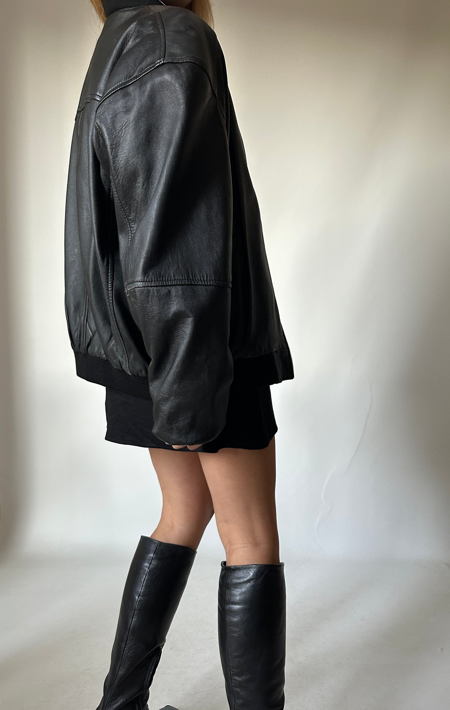 Oversize black leather bomber