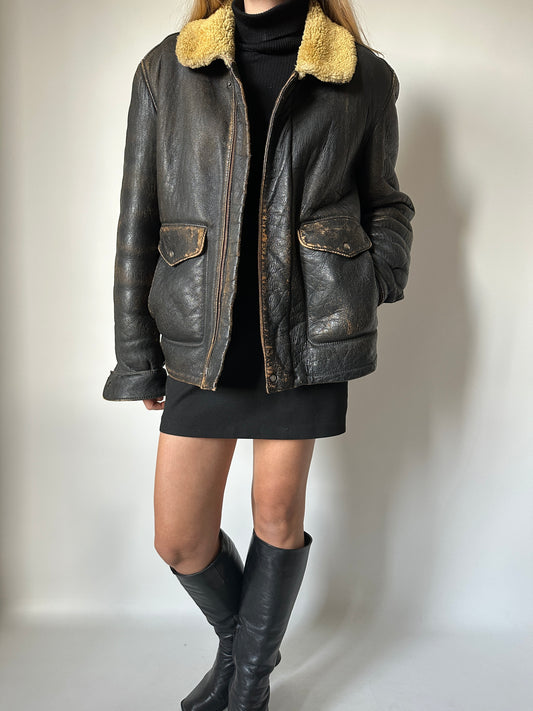 Shearling distressed aviator jacket