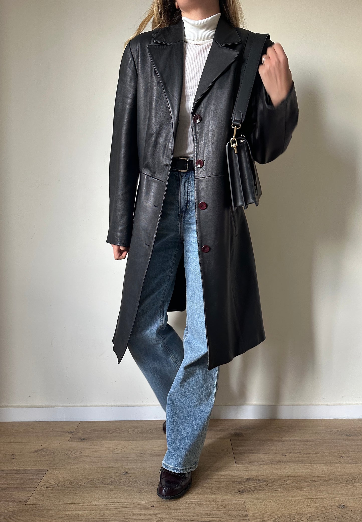 Black long leather trench