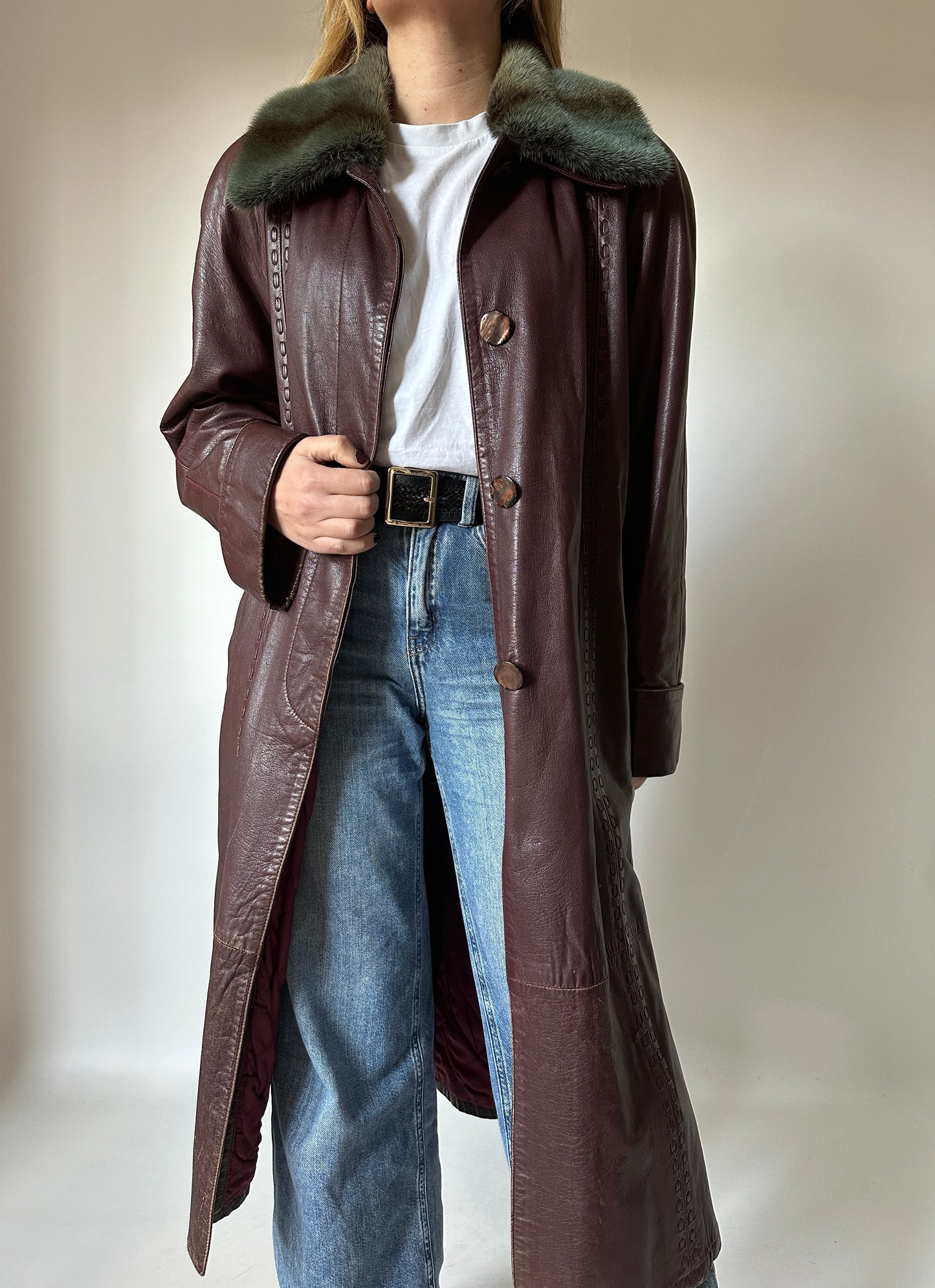 Extra long burgundy leather trench