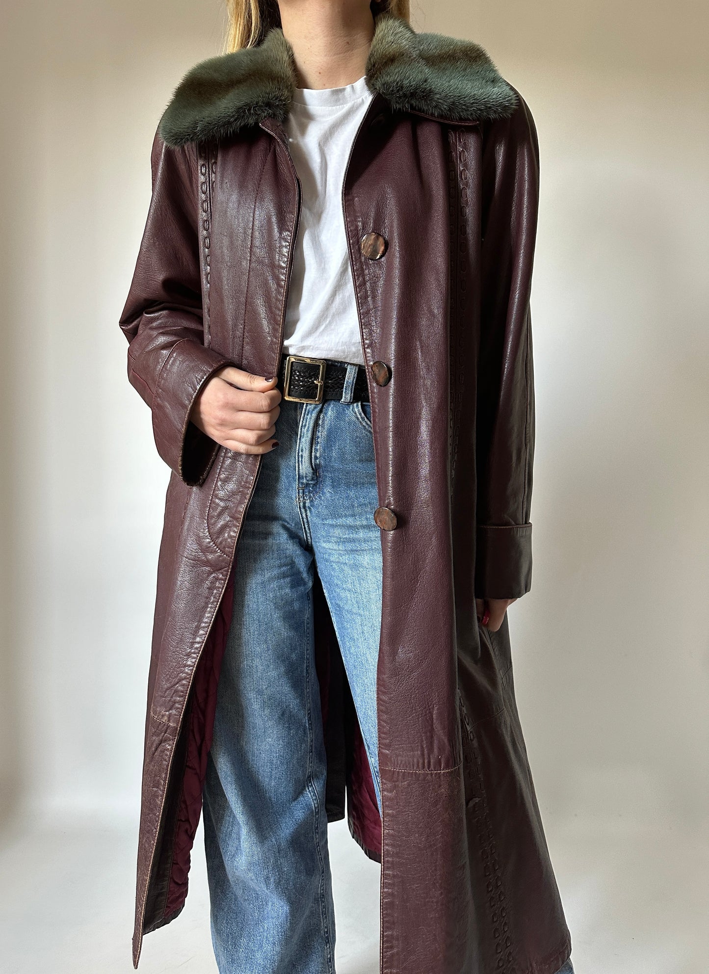 Extra long burgundy leather trench