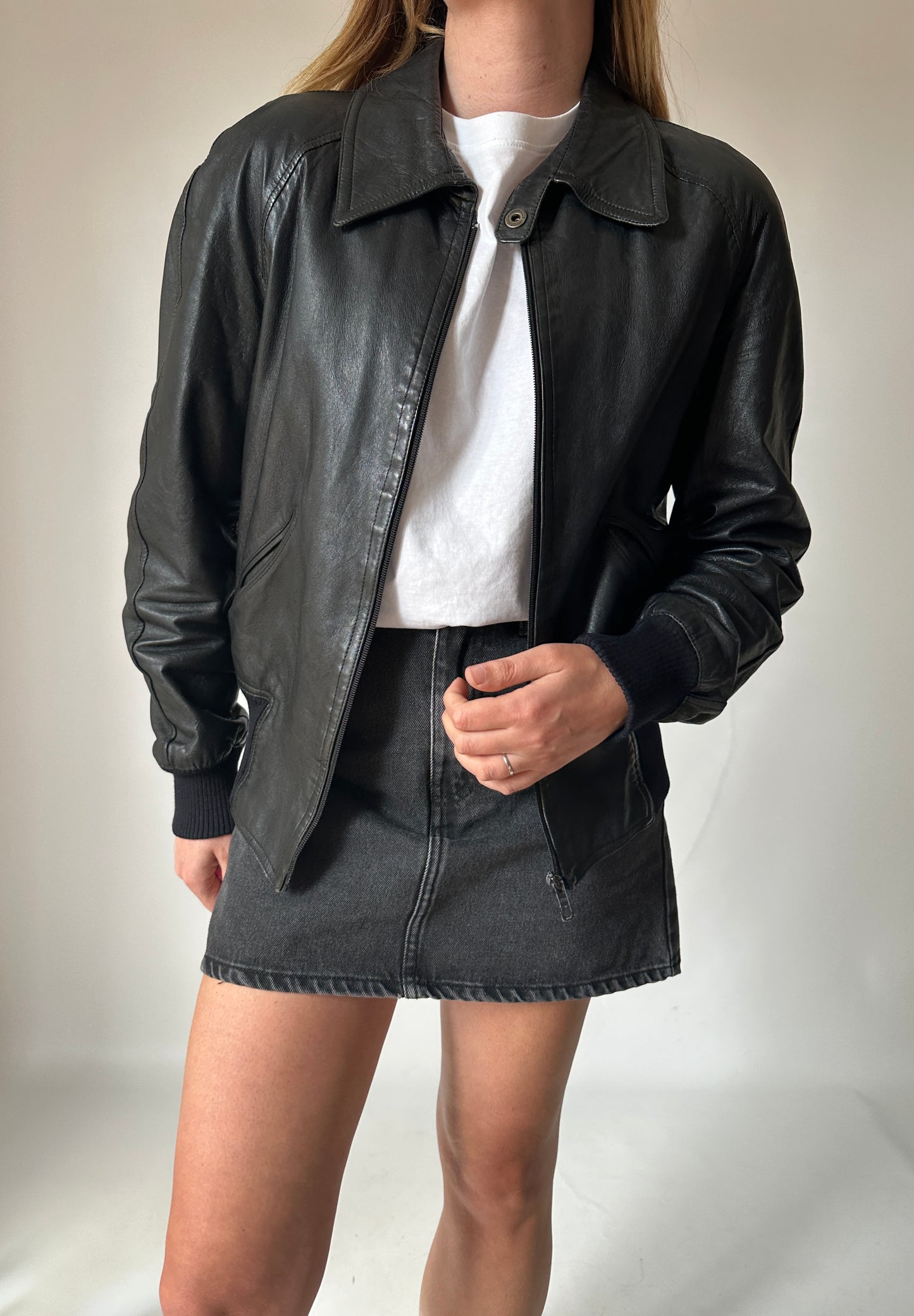 Black real leather bomber