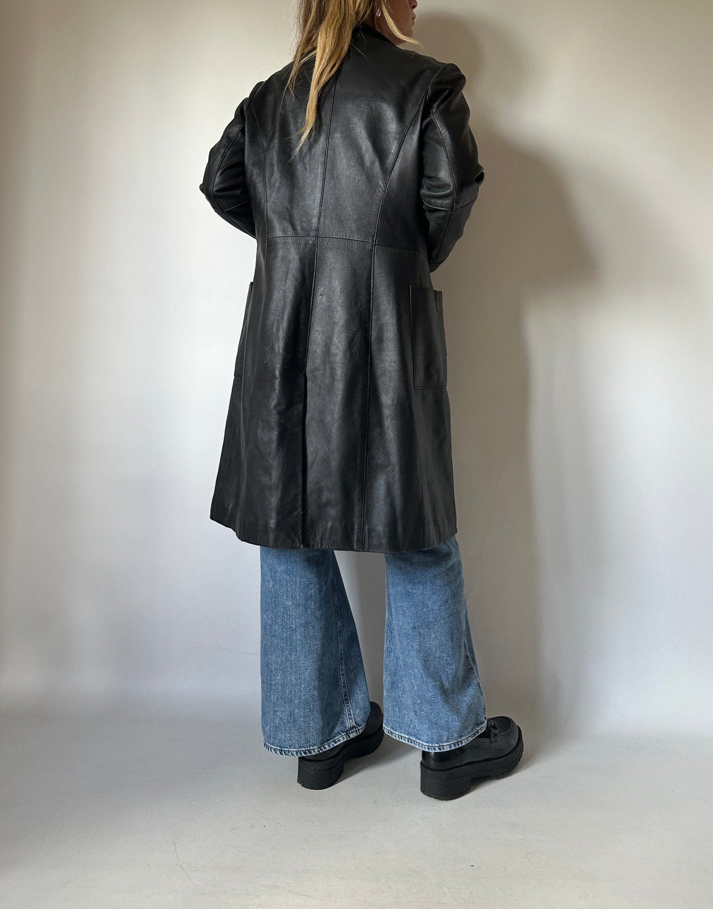 Evergreen black leather trench