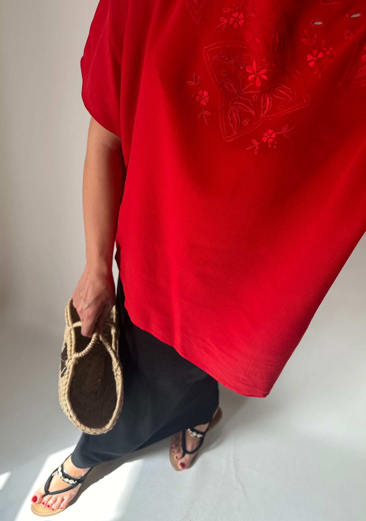 Embroidered red silk shirt