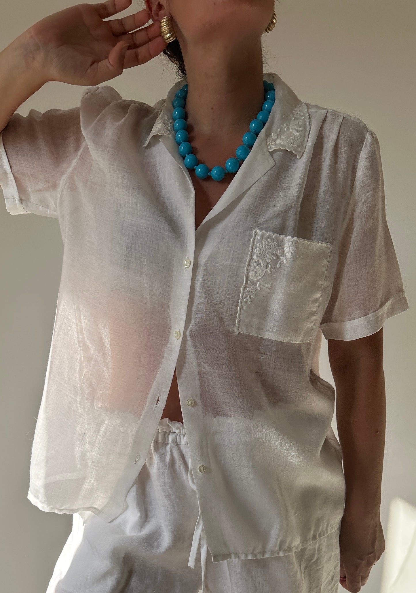 Embroidered sheer white shirt