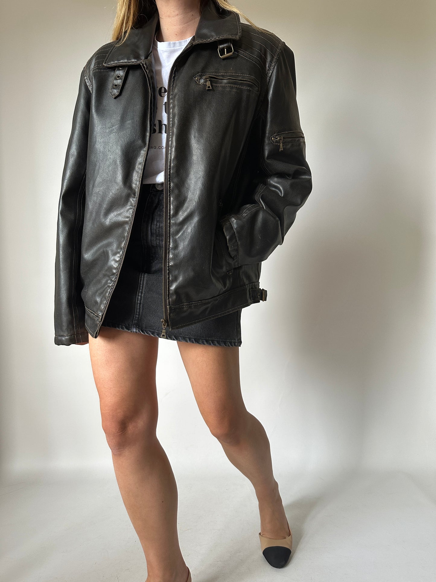 Aviator distressed leather jacket