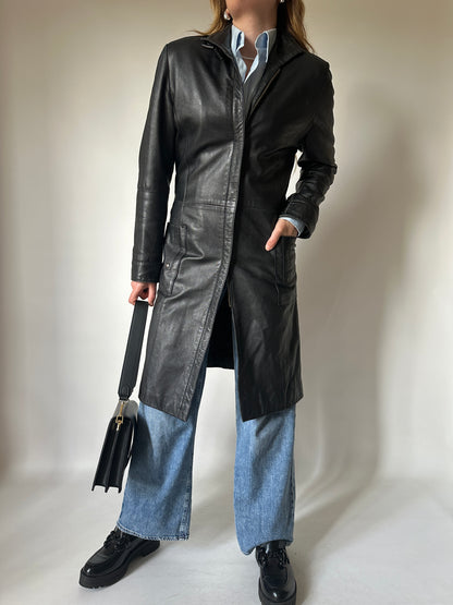 Evergreen black leather trench