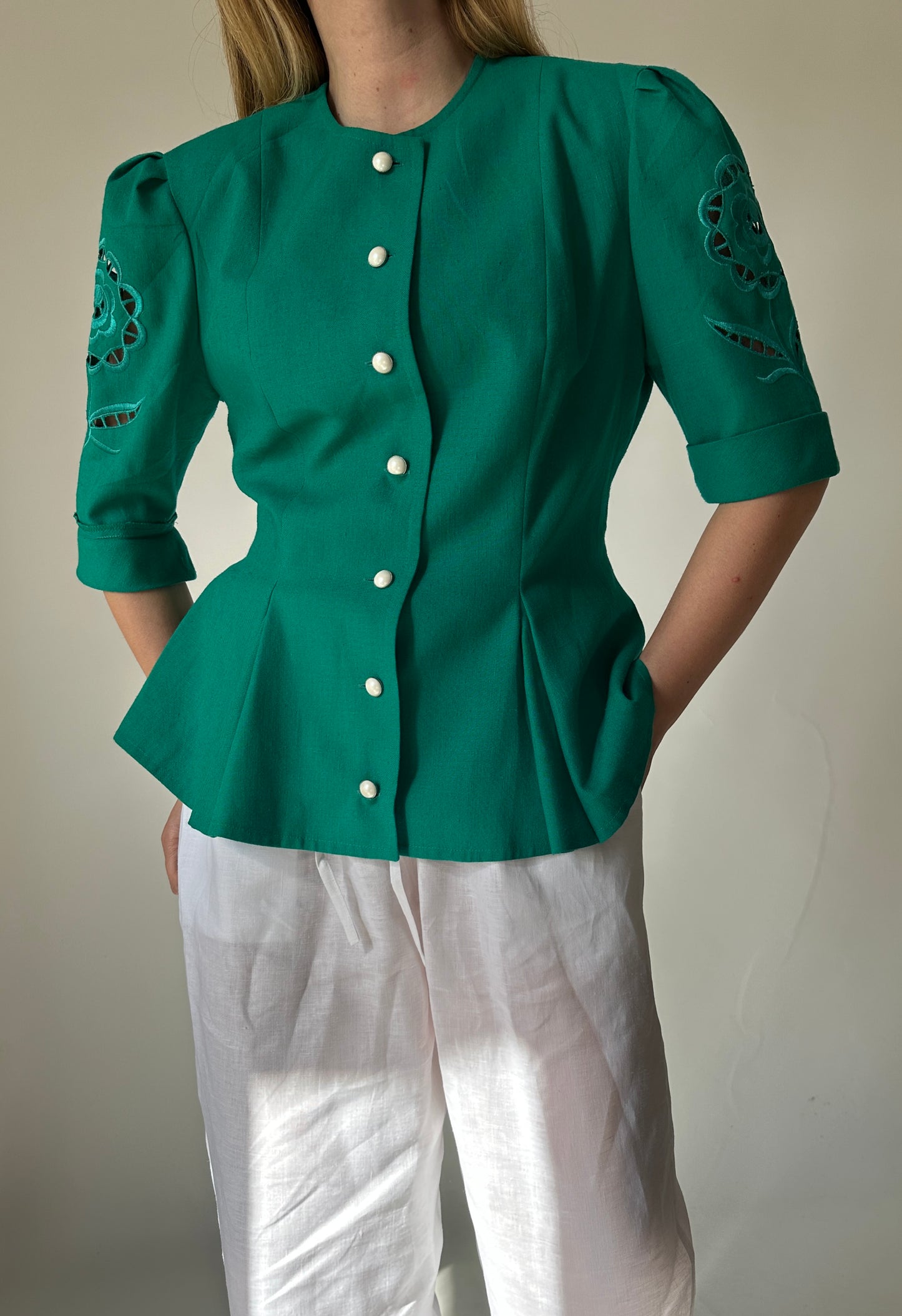 Tailored emerald linen jacket