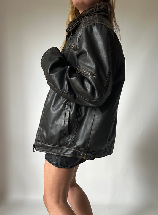 Aviator distressed leather jacket