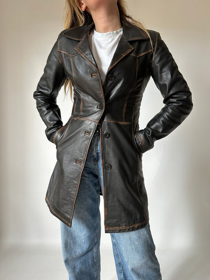 Distressed black leather trench