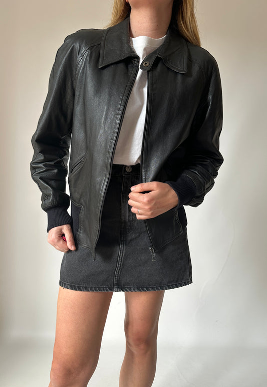 Black real leather bomber