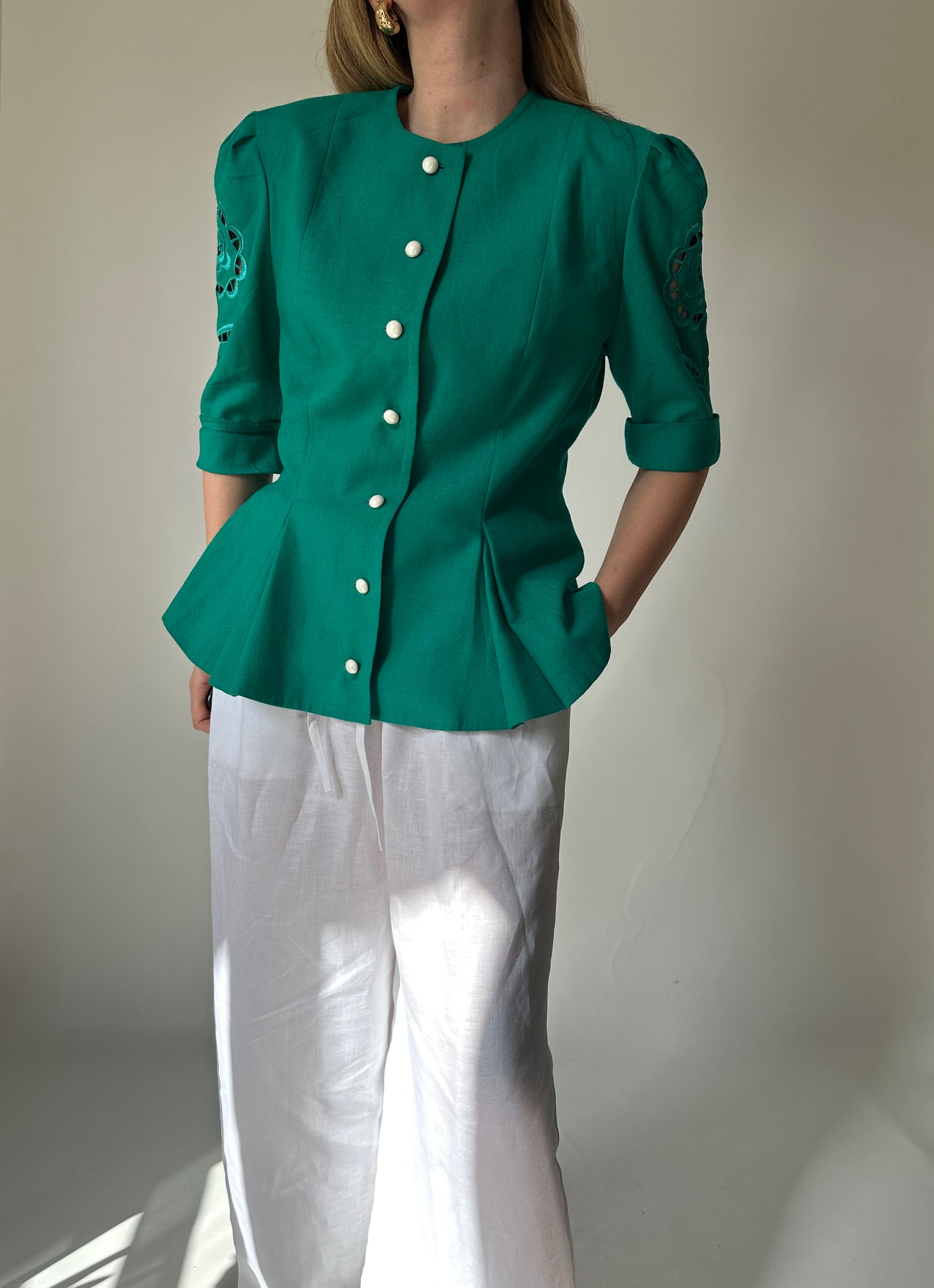 Tailored emerald linen jacket