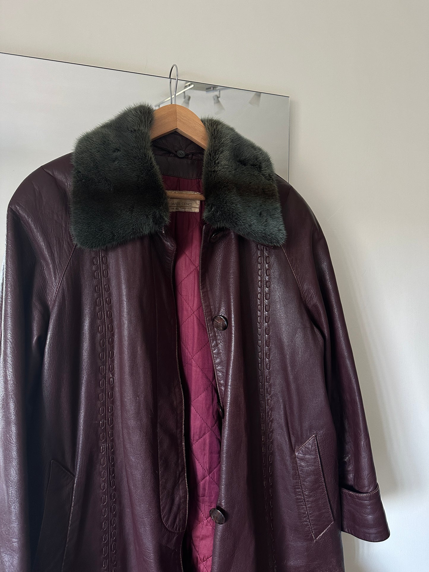 Extra long burgundy leather trench