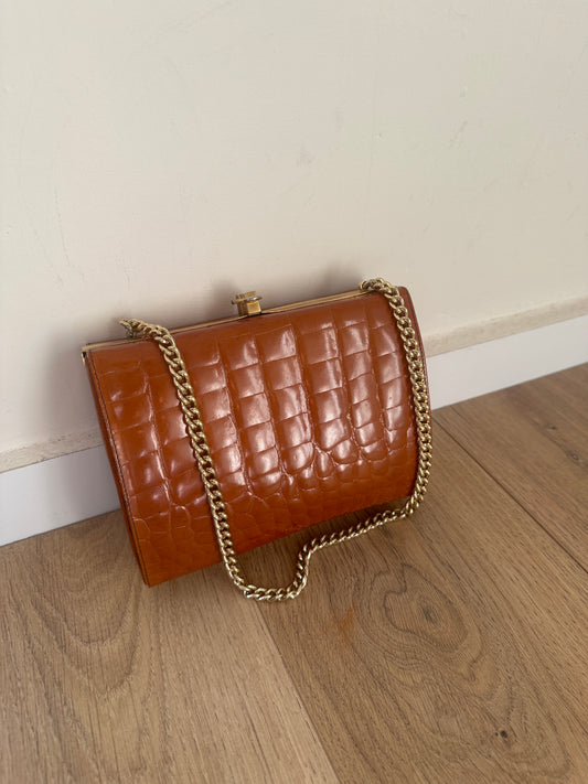 Caramel croco leather clutch