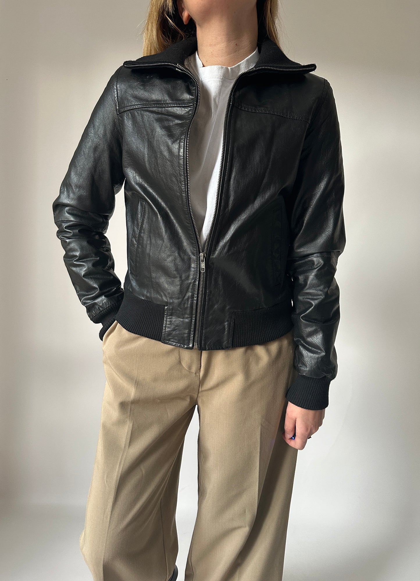 Essential black leather bomber