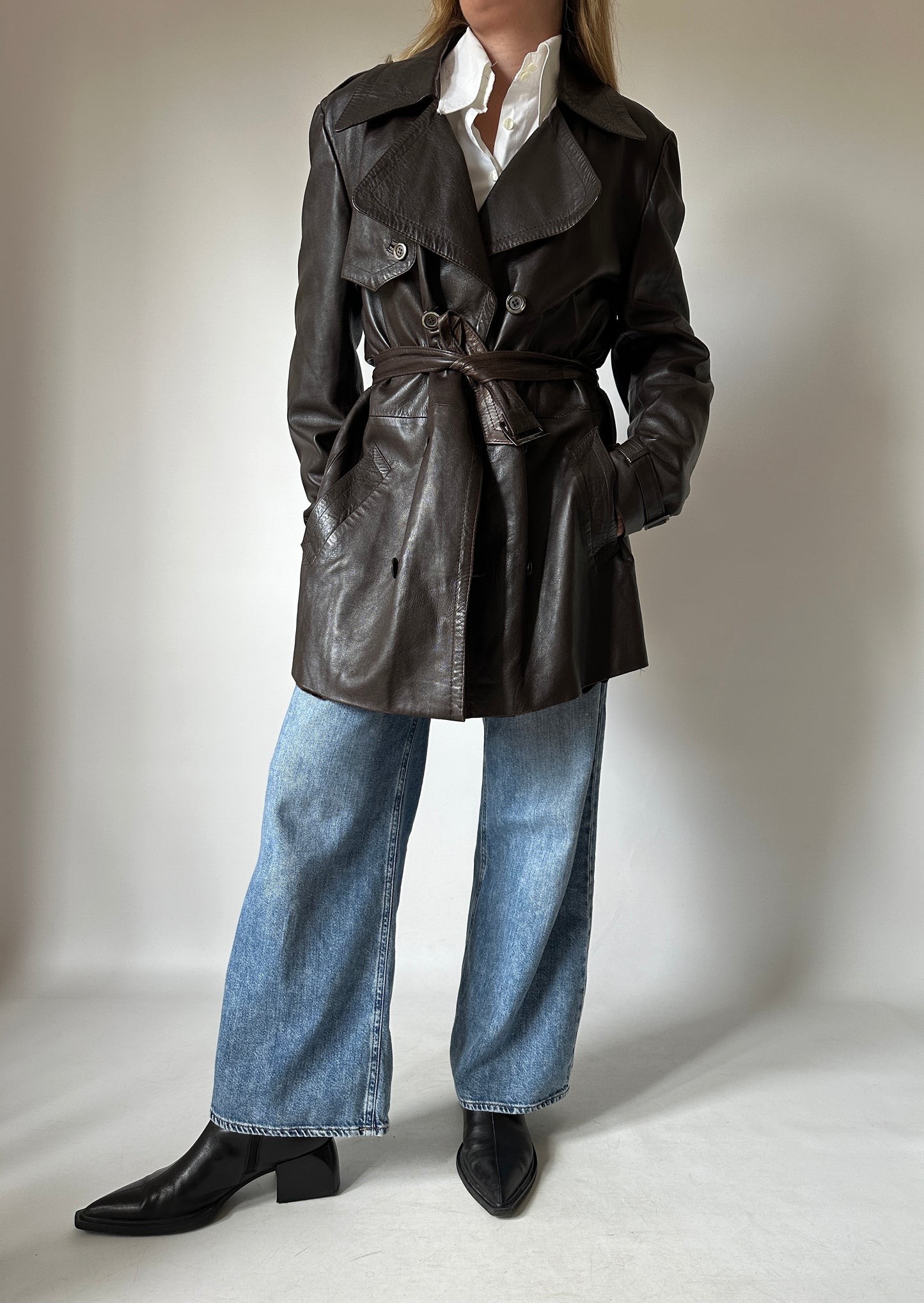 Brown soft leather trench