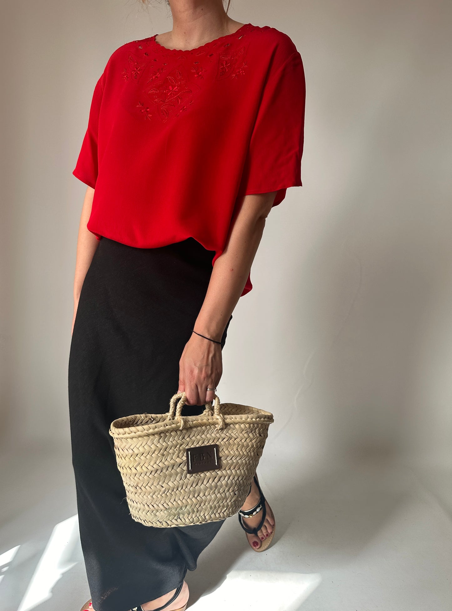 Embroidered red silk shirt