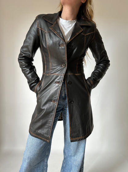 Distressed black leather trench