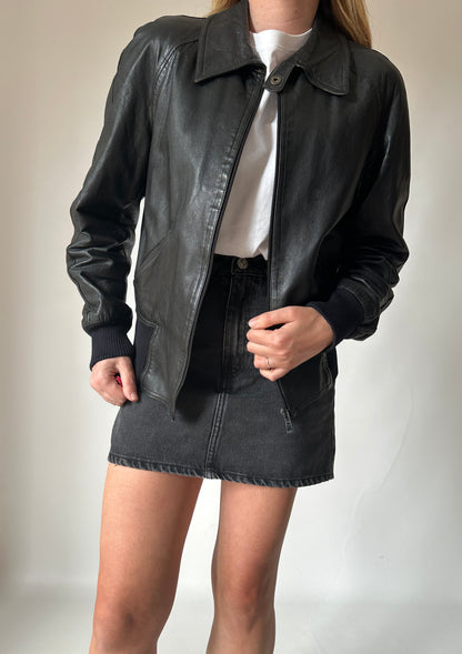 Black real leather bomber