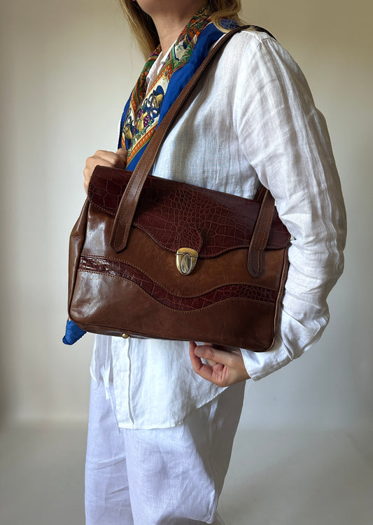 Brown leather and croco shoulder bag