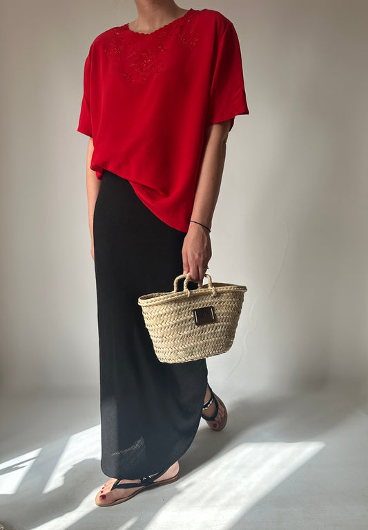 Embroidered red silk shirt