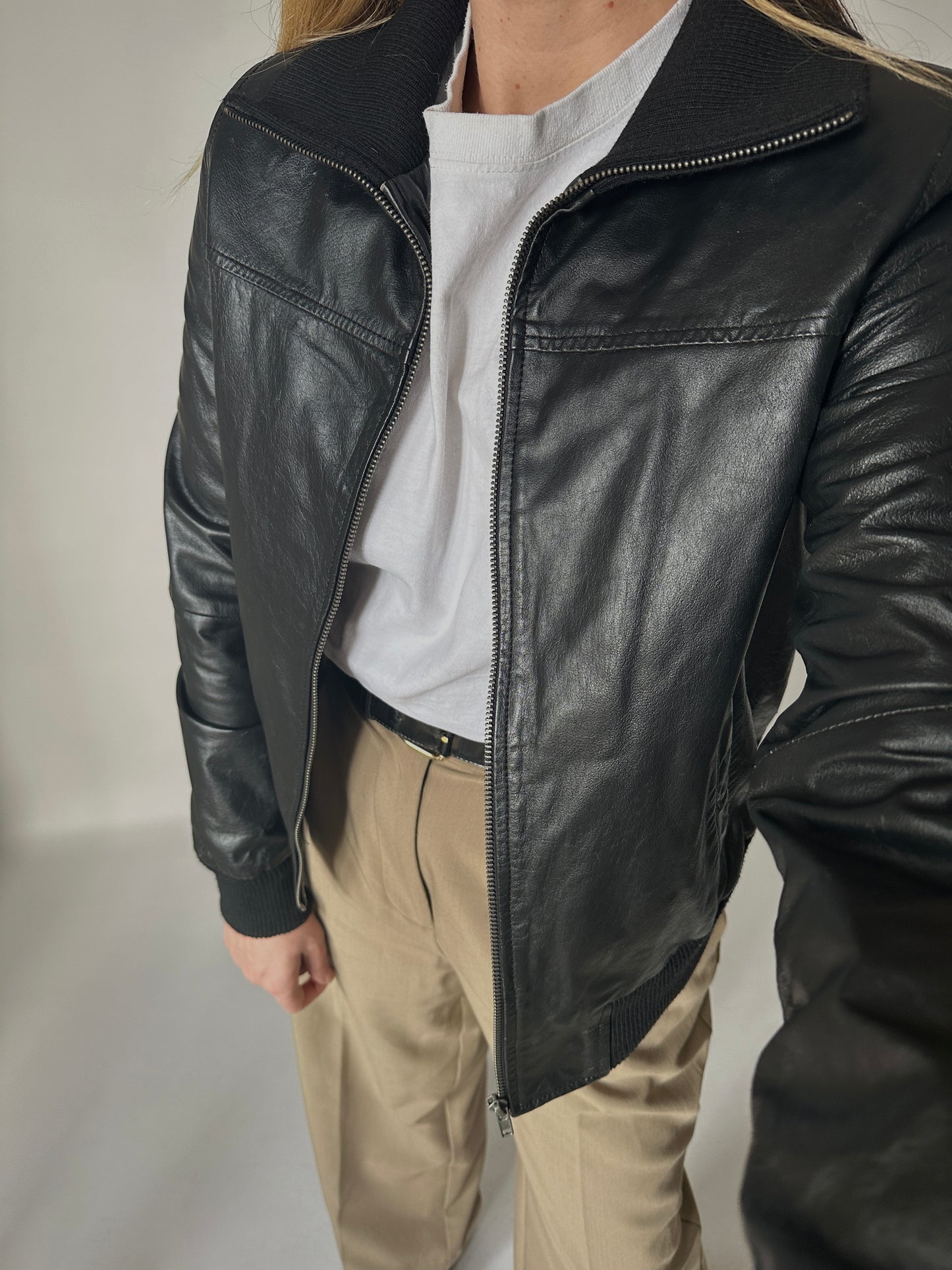 Essential black leather bomber