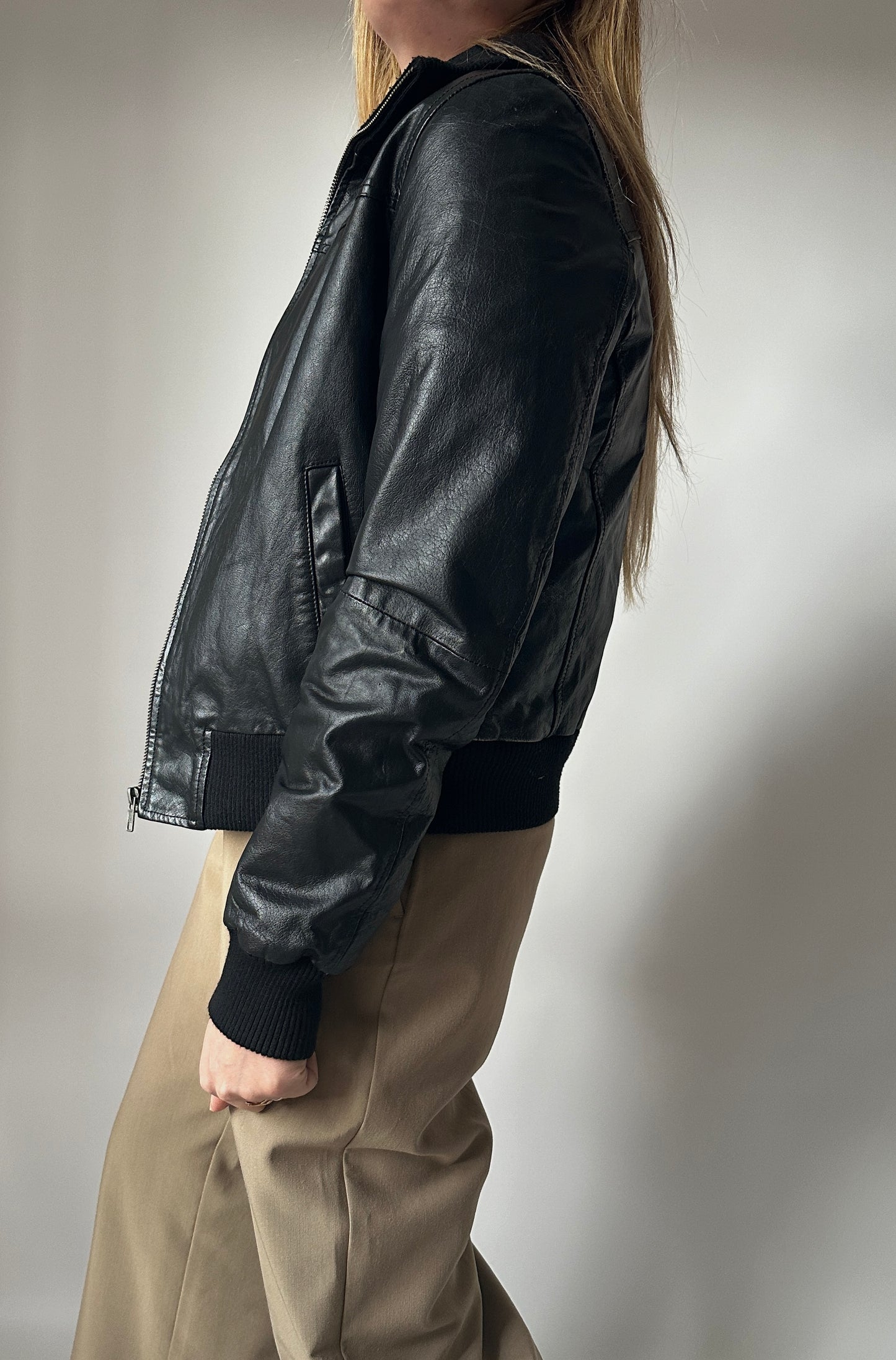 Essential black leather bomber