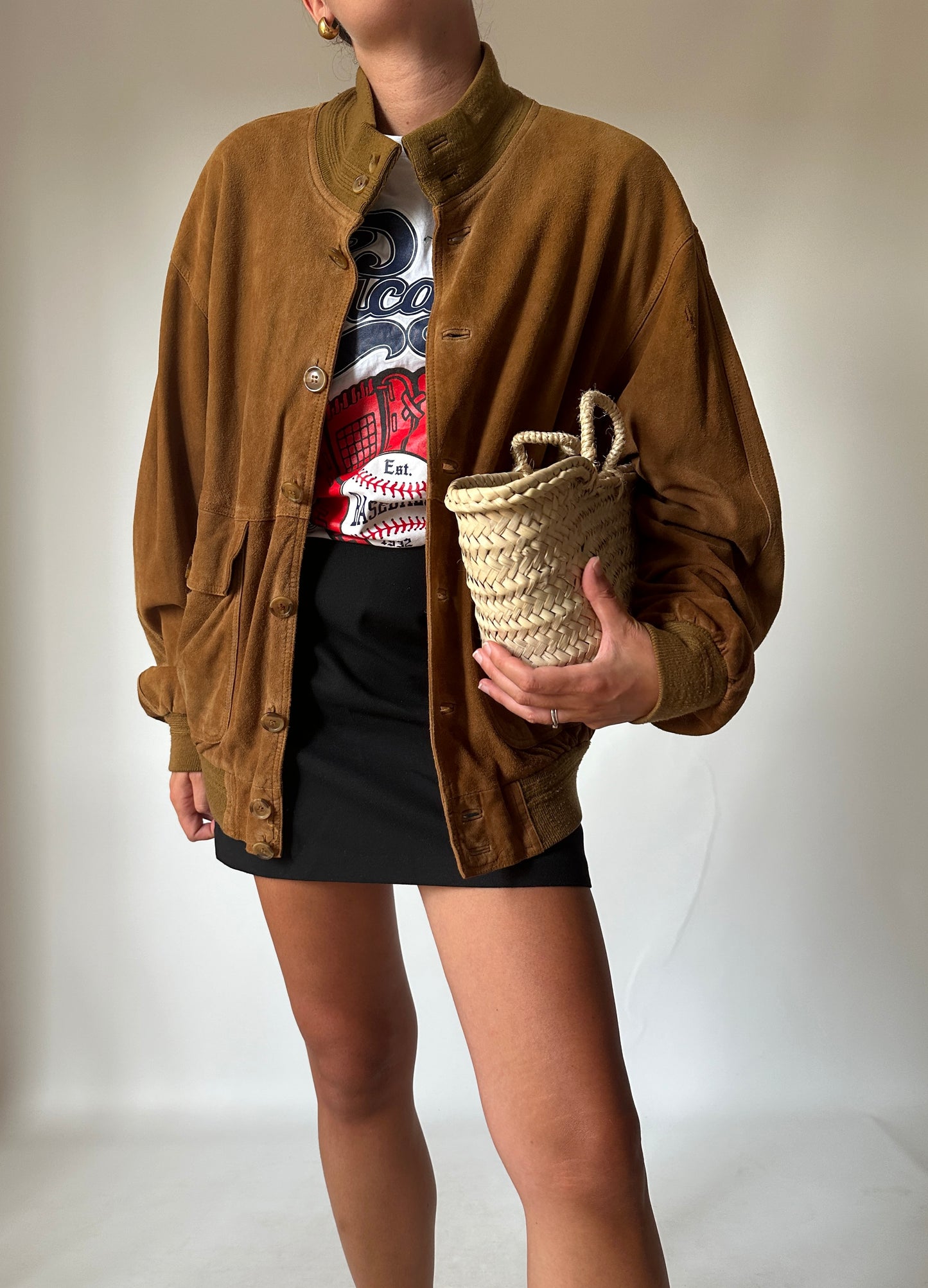 Genderless brown suede bomber