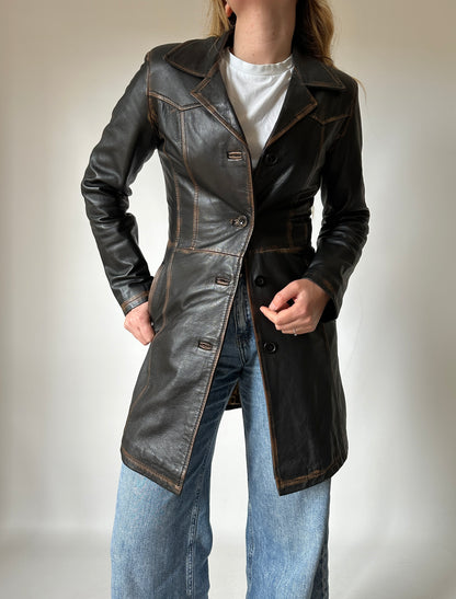 Distressed black leather trench