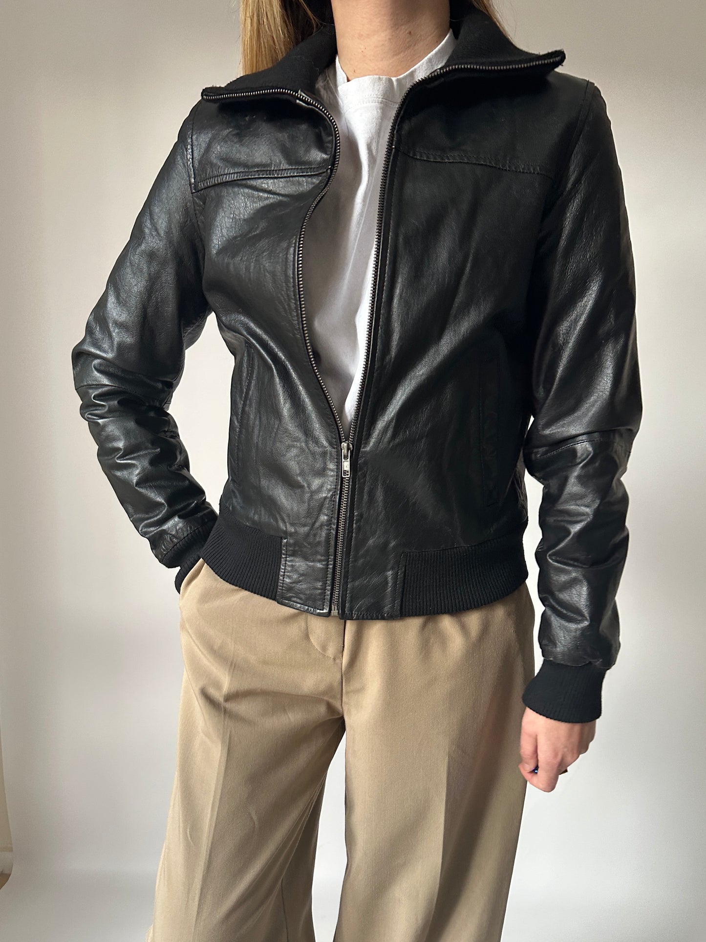 Essential black leather bomber