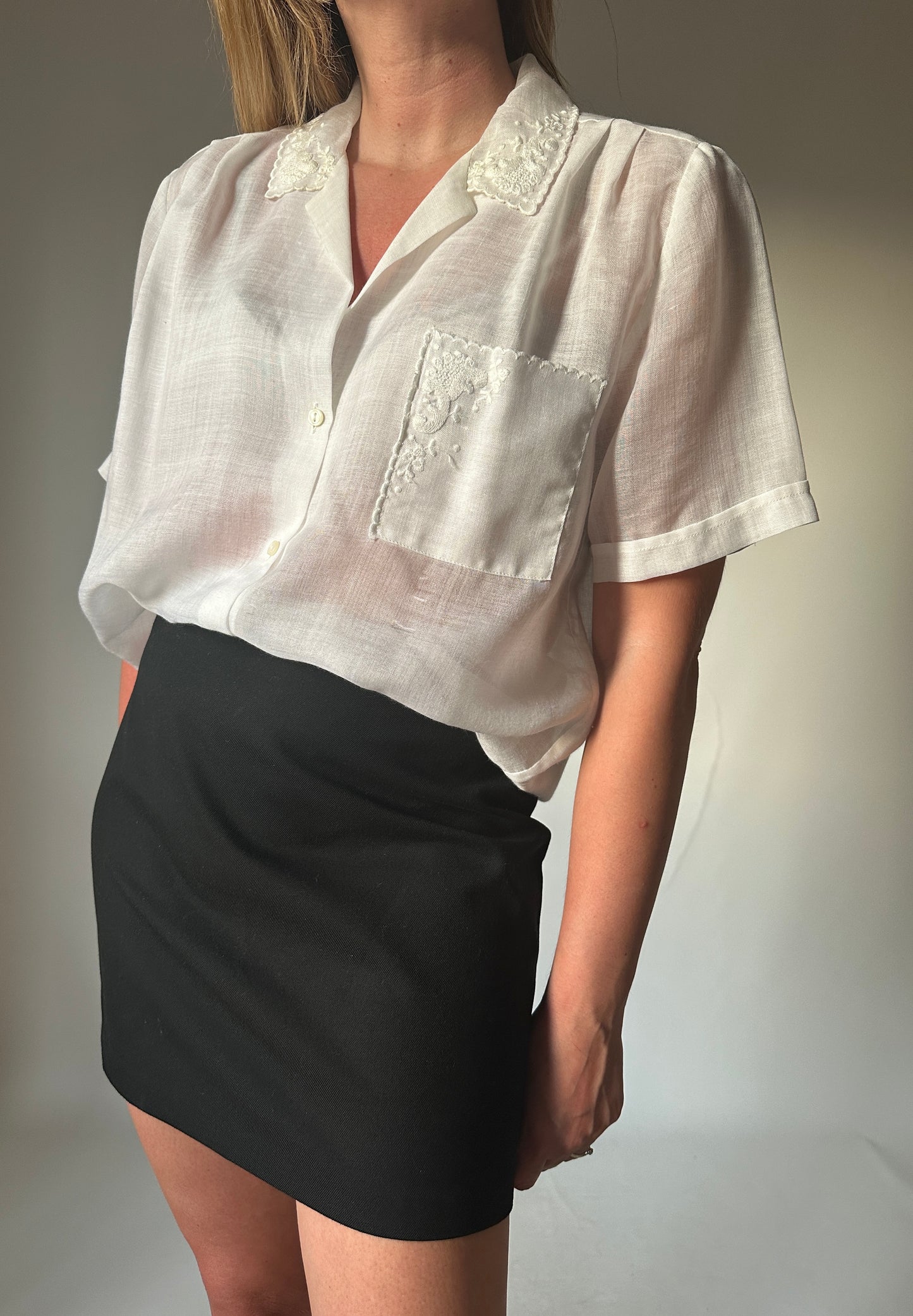 Embroidered sheer white shirt