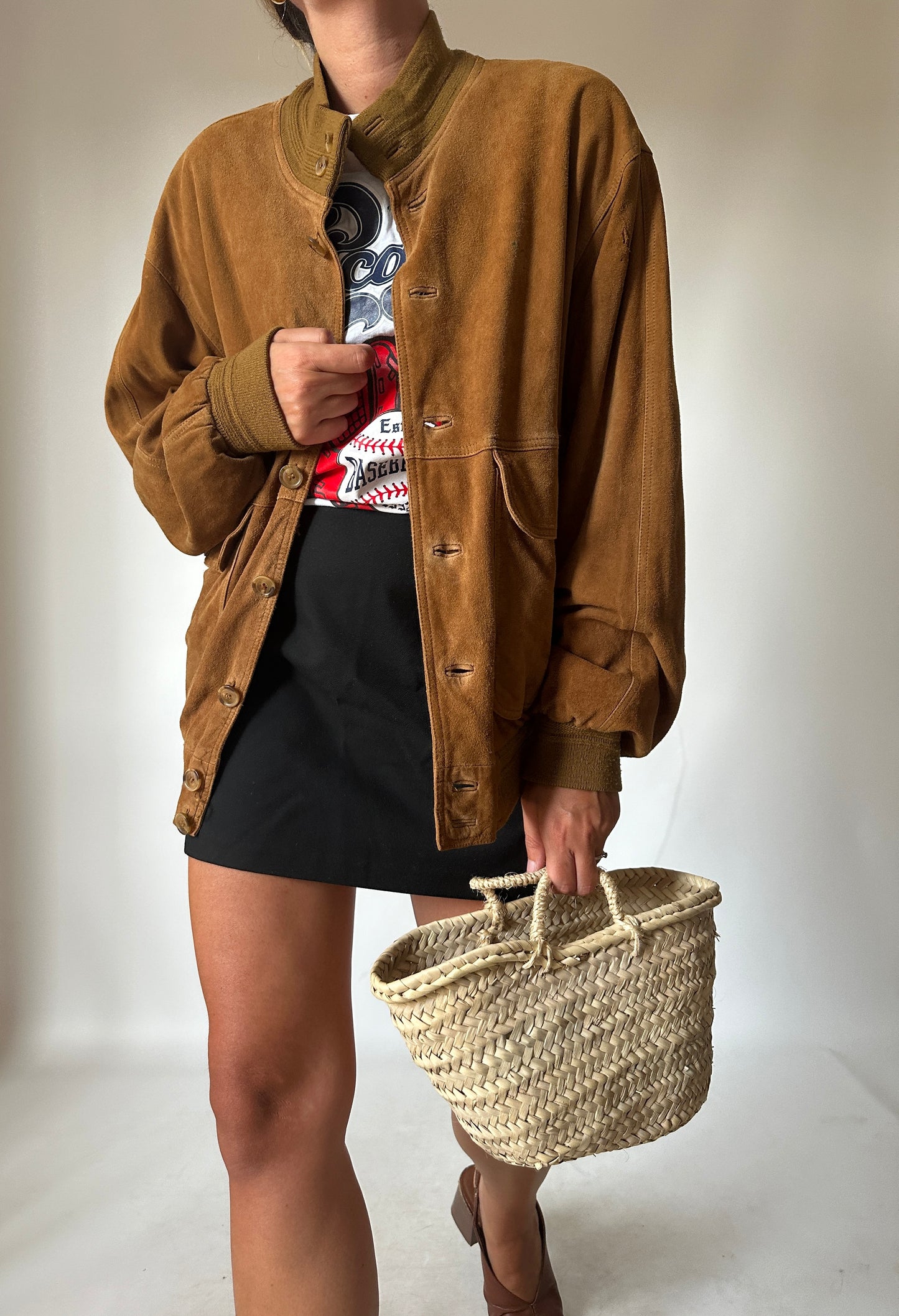 Genderless brown suede bomber