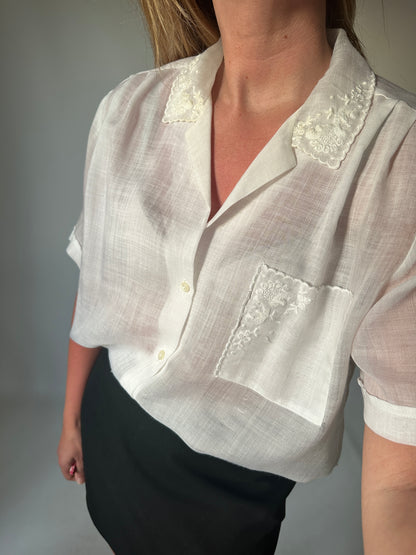 Embroidered sheer white shirt