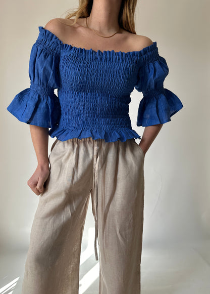 Top Dafne in puro lino - blu