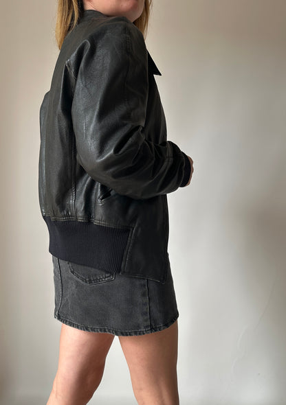 Black real leather bomber