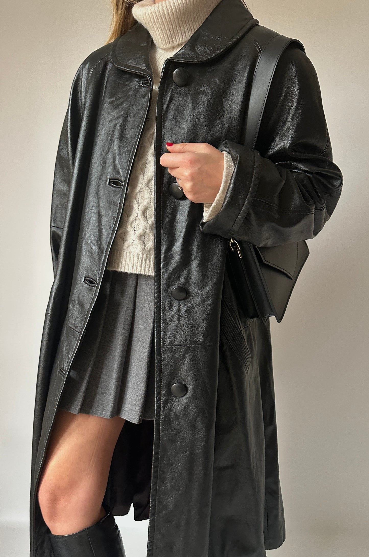 Black long leather trench
